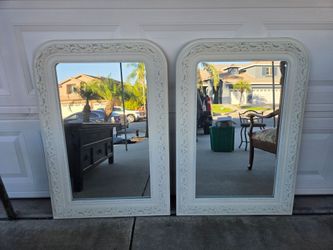 Pair of White Ornate Framed Wall Mirrors