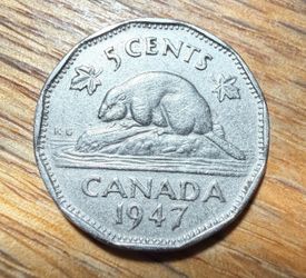 Canada 1947 Maple Leaf High Grade 5 Cent Coin Nickel