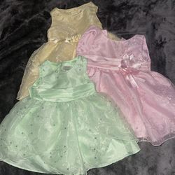 YOUNGLAND BABY DRESS GREEN 12m YELLOW 18m PINK 18m, SEQUINS, EMBROIDERY LOT OF 3