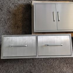 Stainless Steel Outdoor Kitchen Drawers & Cabinet 	•	BBQ Grill Island Storage Doors & Drawer Set