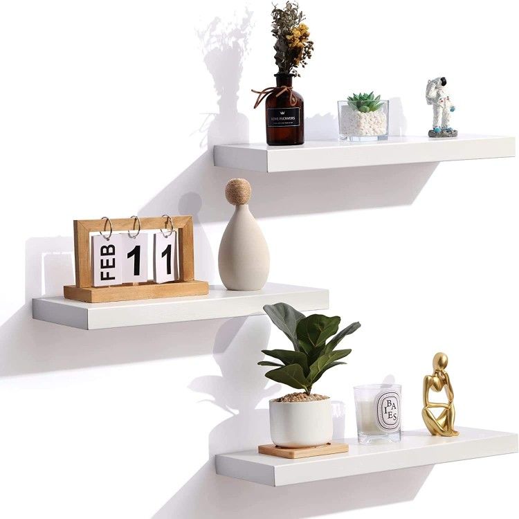 Floating Shelves,White Solid Wood Wall Shelves with Invisible Brackets Set of 3 (17x6.7 in)