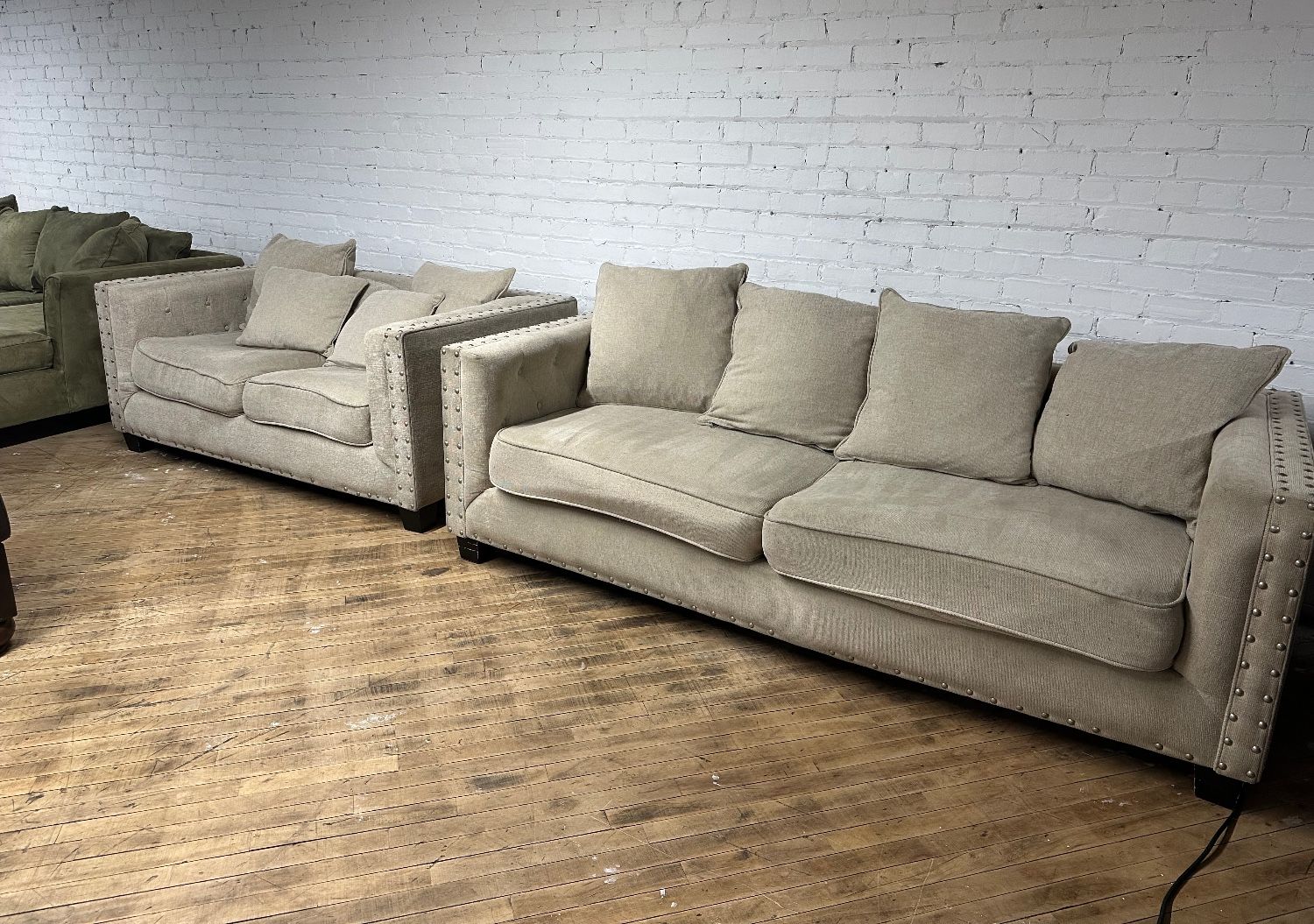 Delivery available beige studded sofa couch set