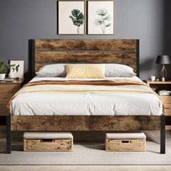 Queen Bed Frame with Rustic Vintage Wood Headboard and Footboard,Metal Support,Rustic Brown 