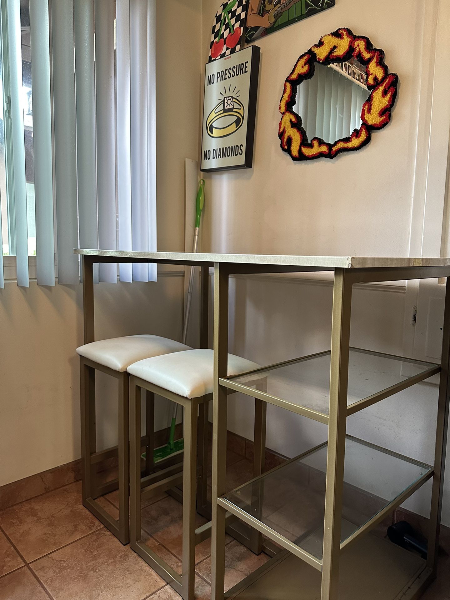 Rose Marble Dining Table Set for 2, Kitchen Island with Seating Bar Table Set with Storage