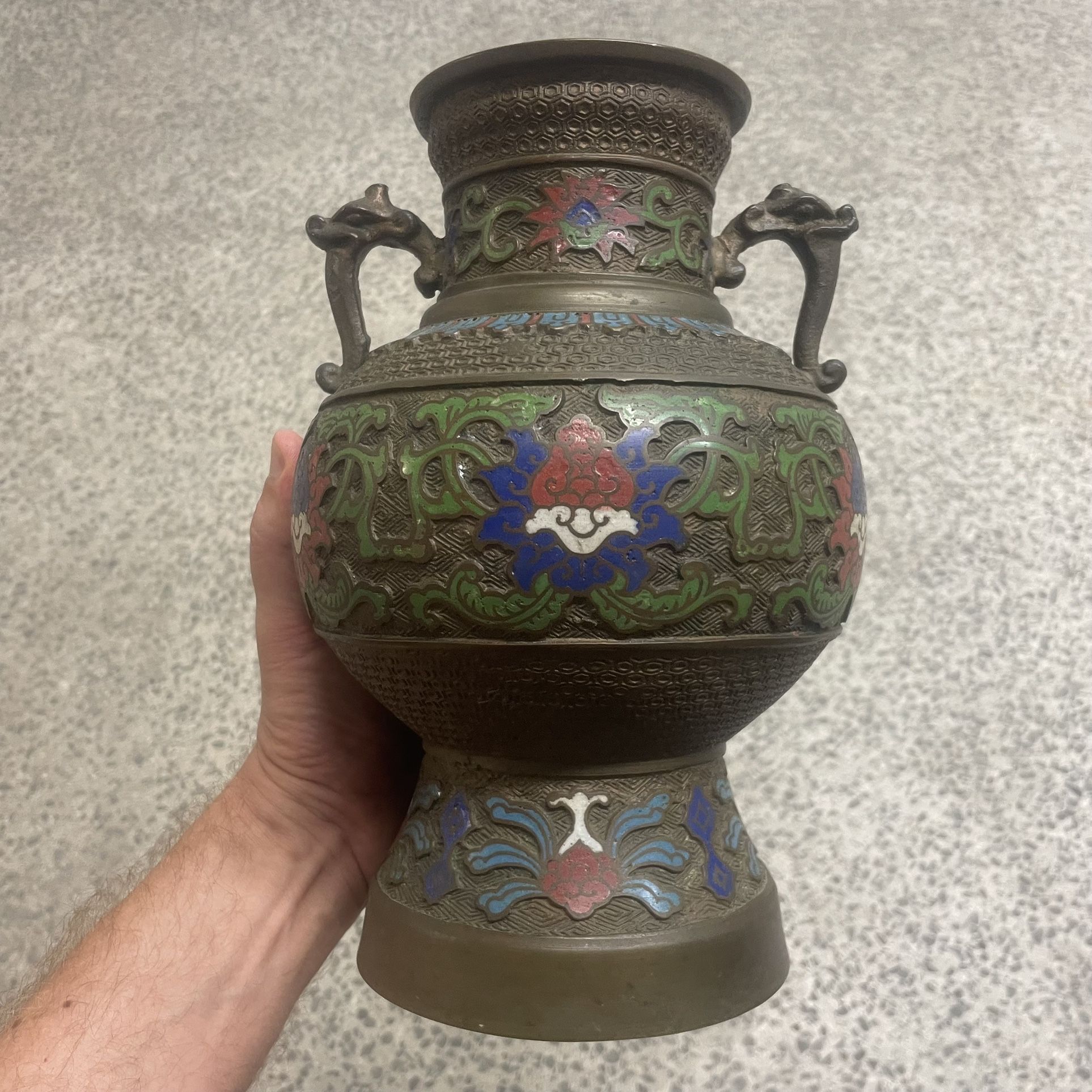 Vintage Japanese Champleve Vase that measures 11” h x 7” d and is located near the Miami Design District.