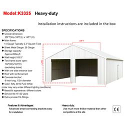 33FT x 25FT Metal Garage Barn – Reinforced Steel Structure with Dual Doors Storage Shed