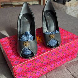 Tory Burch Black Leather Peep-Toe Wedges (Size 7)