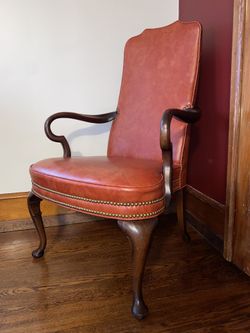 *RARE ANTIQUE* Vintage Hickory Chair Co. Mahogany/Vinyl Guerin Armchair W/ Brass Stud Accents