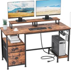 Furologee Computer Desk With Drawer And Power Outlets, 47" Office Desk With 2 Monitor Stands And Fabric File Cabinet, Writing Gaming Table With Shelve