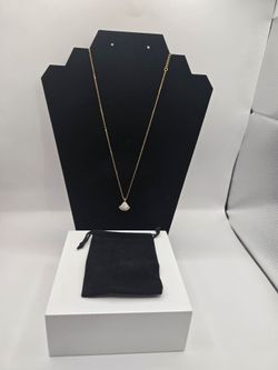 Elegant Gold-Tone Fan Pendant Necklace with White Inlay & Crystal Accents