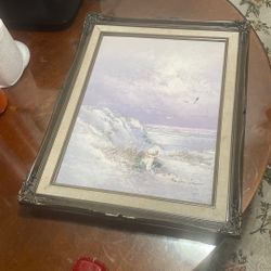 Vintage Oil Painting On Canvas Beach Landscape & Child Artist Signed 