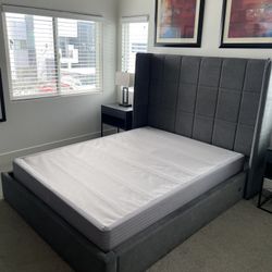 Queen Size Gray Bed Frame w/ Box Spring & USB Charging