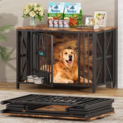 Large Dog Crate Furniture, 41.3″ Assembly-Free Dog Crates for Large Dogs with Wooden Back Panel, Foldable Dog Kennel Indoor with Tag & Dog Bowls, Dog 