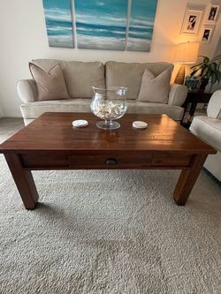 Dark Wood Coffee Table with Drawer and Matching End Table