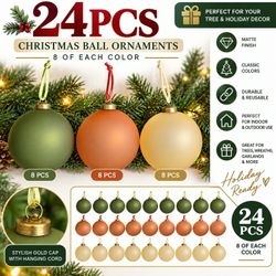 24 Pc Glass Christmas Ball Ornaments 3.15” – Neutral Beige Brown & Green