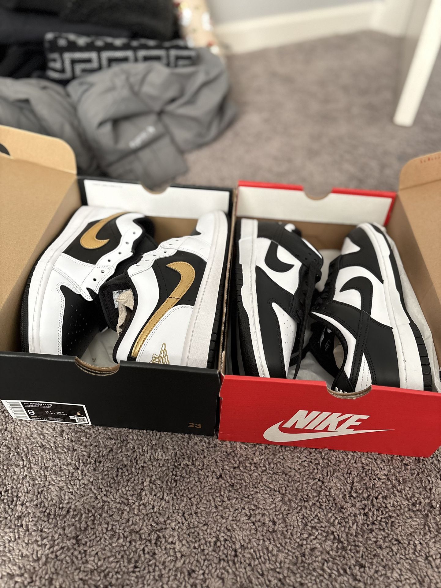 2 Pair Nike Sneakers – Panda Dunks (9.5) & Jordan 1 Low Gold (9) – New in Box