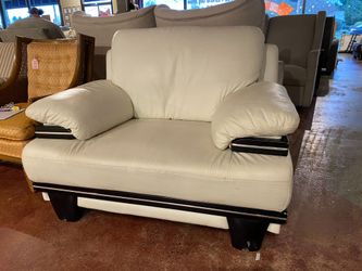 Vintage Postmodern White Leather and Black Lacquer Wide Arm Chair