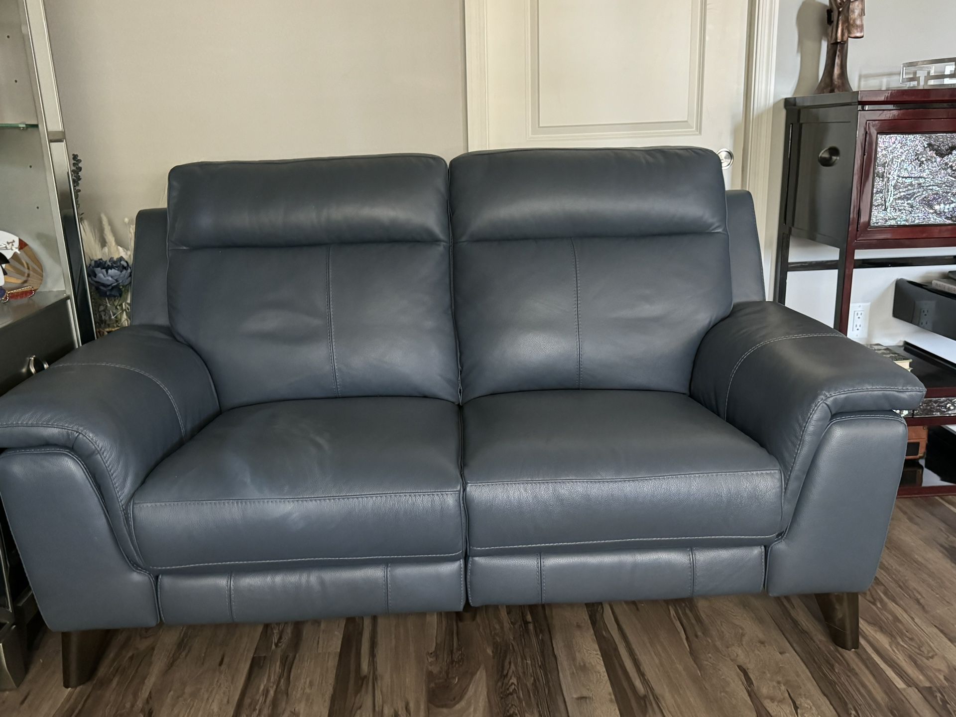 Navy Leather Reclining Loveseat, Brand New! 