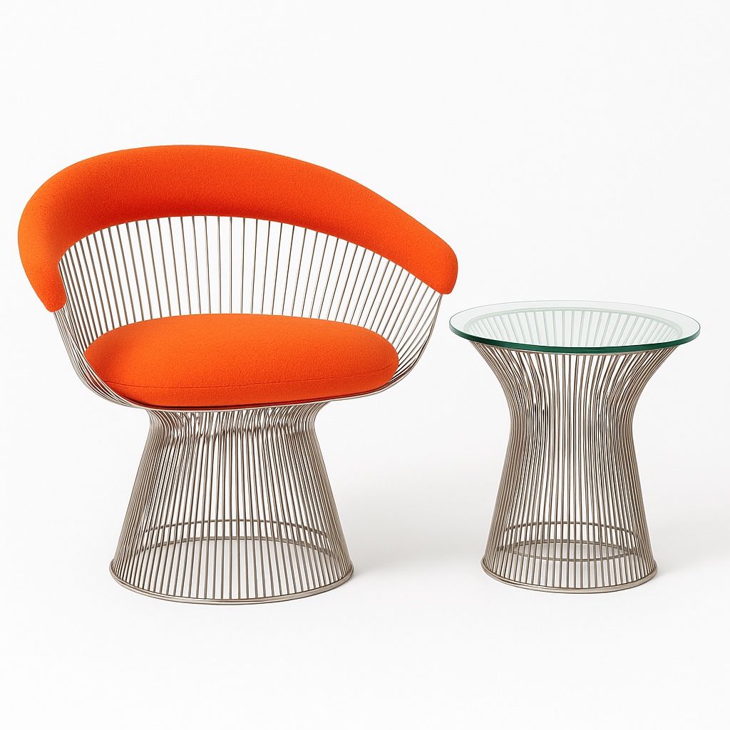 Warren Platner-Style Wire Chair & Table Set – Rove Concepts – Orange Wool Upholstery