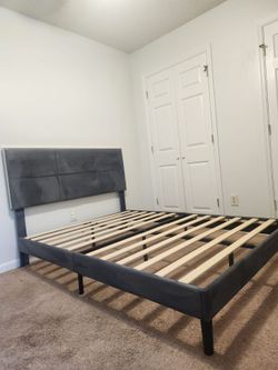 Velvet Grey Full Size Bed Frame – Modern Platform with Headboard