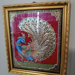 Vintage Peacock Tanjore India Art Work Gold Foil Gemstones Framed 13.5"x11.75" 