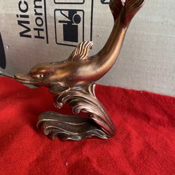 7 Inch Copper Plated Alabaster Greek Dolphin Statue Imported From Greece