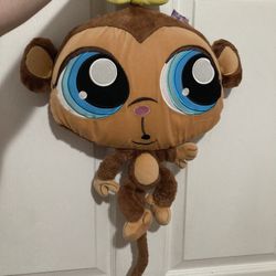 Littlest Pet Shop Brown Monkey Plush Yellow Bow Vintage Pillow LPS Y2K Toy