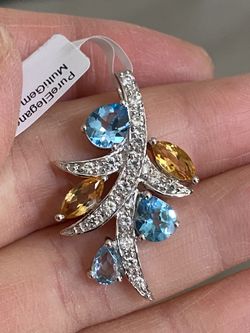 925 sterling silver genuine Citrine and Blue topaz pendant , 1” length