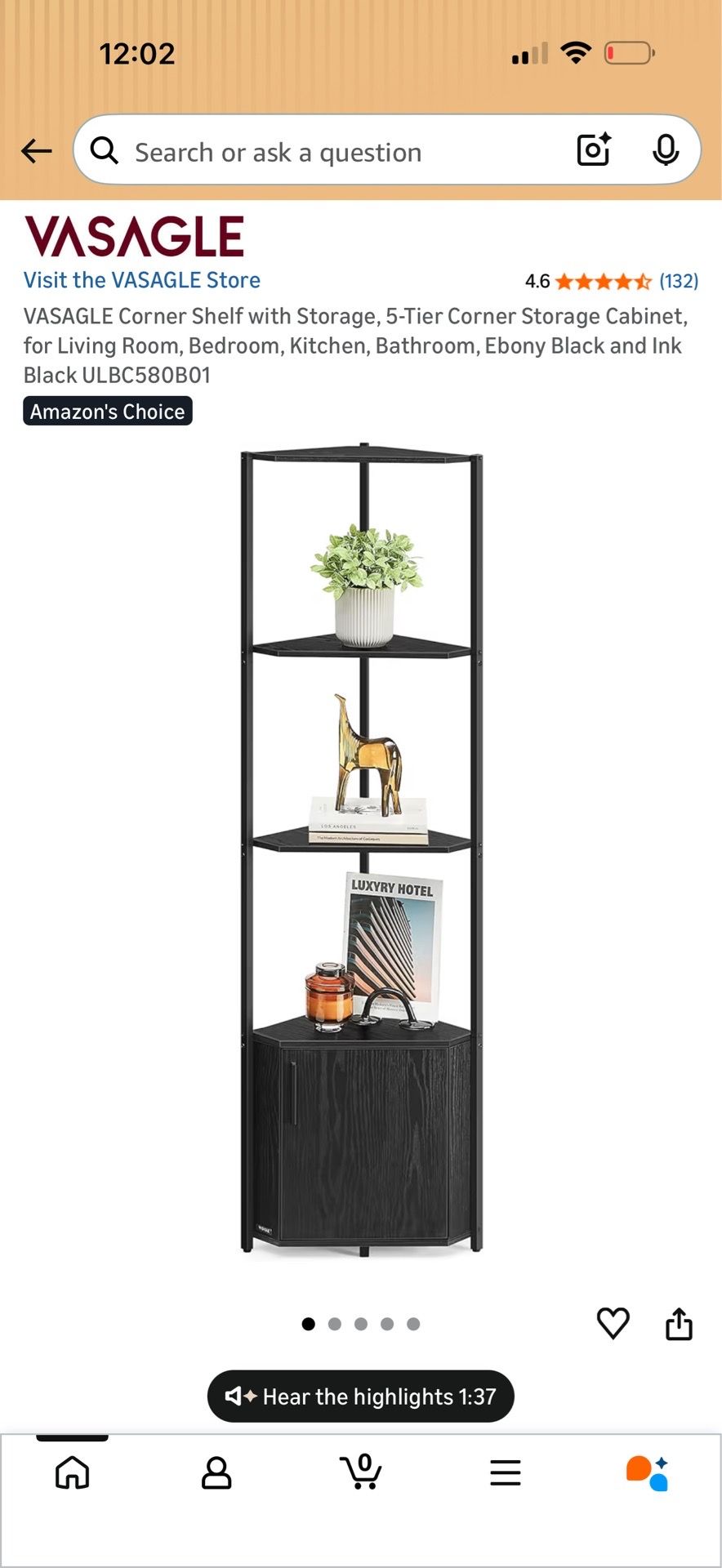 Black Corner Shelf Storage Cabinet
