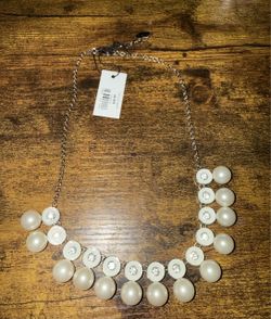 NWT Ann Taylor Pearl Crystal Statement Bib Necklace Silver Tone