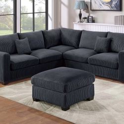 Black Corduroy Sofa Sectional w/ Ottoman  