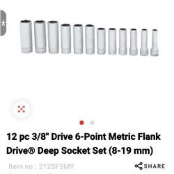  Snap-on 12 pc 3/8" Drive 6-Point Metric Flank Drive Deep Socket Set (8-19 mm) 212SFSMY