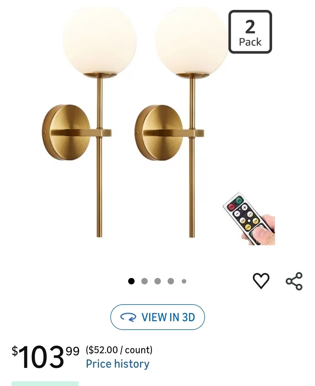 Gold Battery Operated Wall Sconces Set of 2, Modern Remote Wall Lamp Globe Glass Shade,Not Hardwired Rechargeable Wall Lights Fixture with Timer and D