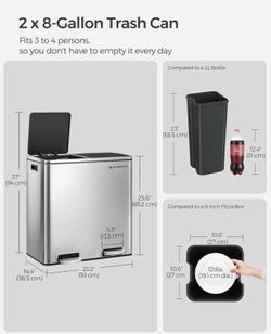 SONGMICS 2 x 8 Gallon Garbage Trash Can 2 Compartments Foot Pedal Soft Close Lid - Silver Black