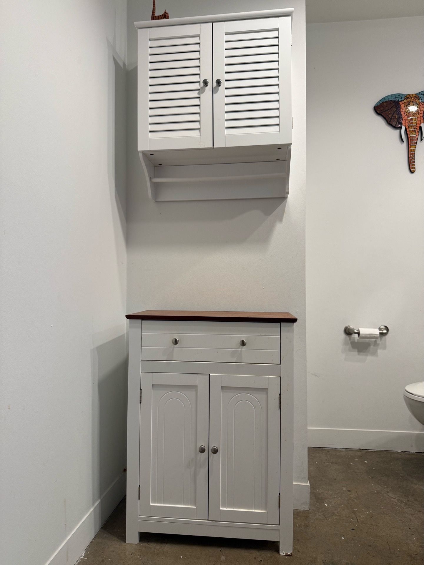 White Bathroom Storage Cabinet Set with Wall Cabinet and Wood Top
