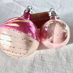 2 MCM Fantasia Pink Glass Christmas Miniature Ornaments Hand-Painted Poland Vtg.1950s