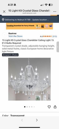 Light K9 Crystal Glass Chandelier Ceiling Light 15 E12 Bulbs Required Transparent crystal shade, adjustable hanging height, solid metal frame, classic
