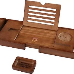XcE Bathtub Caddy Tray Expandable to 105cm with Bamboo Book Stand and Soap Tray, Brown

