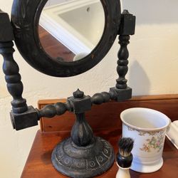 Antique Vanity Tabletop Mirror Wood Hand Carved Swivel Round Gothic 