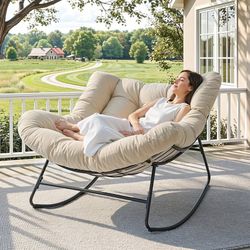 Outdoor Papasan Rocking Chair, 450 lbs Oversized Comfy Patio Chair with Thickened Cushion, Indoor Egg Rocking Lounge Chairs, Rocker Chairs for Patio P