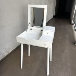 White Vanity Desk with Flip-Up Mirror & Storage Drawers 