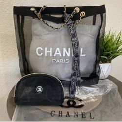 Black Mesh Tote Bag with Matching Cosmetic Pouch