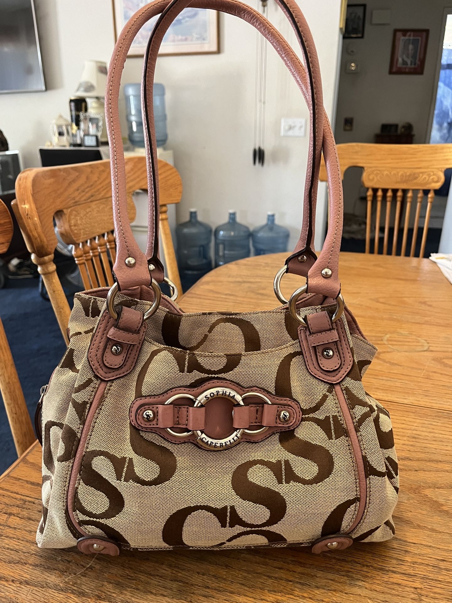 Sophia Caperelli Brown Logo & Pink Leather Trim Satchel Handle Purse