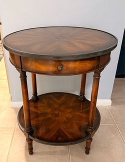 Round Wood Side Table with Drawer and Shelf