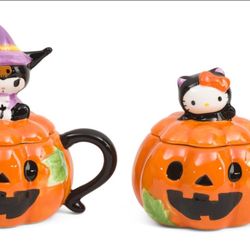Hello Kitty & Kuromi Halloween Pumpkin Mugs – 2pc Ceramic Gift Set – New in Box