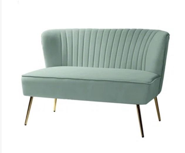 Sage Velvet Loveseat with Gold Legs – Excellent Condition
