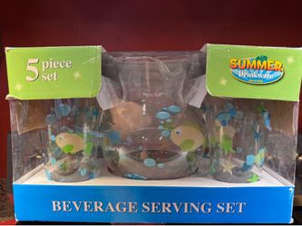 Vintage Summer Drinkware 5-Piece Glass Beverage Serving Set w/ Pitcher & 4 Tumblers in Original Box
