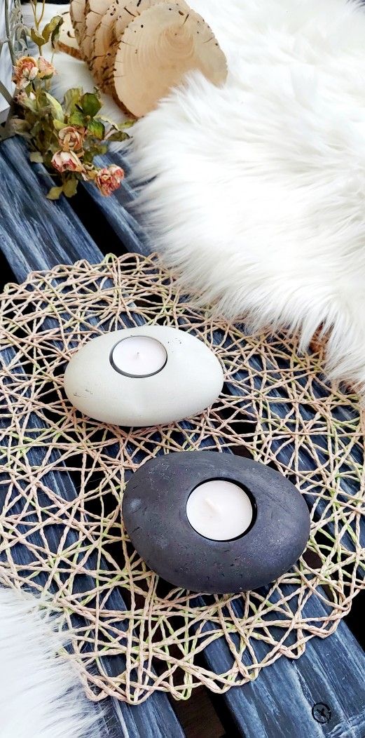 5" X 4" 🌱(2 Pcs/Set) Handmade Cement Tea Light Candle Holders ' Black & White)