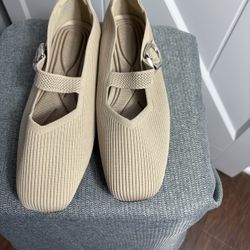 Women’s Mary Jane Square Flats Beige Knit Casual Dressy Business Shoe Size 12