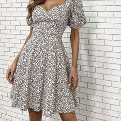 Cusual  Dresses Women’s Casual Sexy Floral Print V Neck Puff Sleeve Mini Beach Party Elegant Short Dress Fashion size (M).